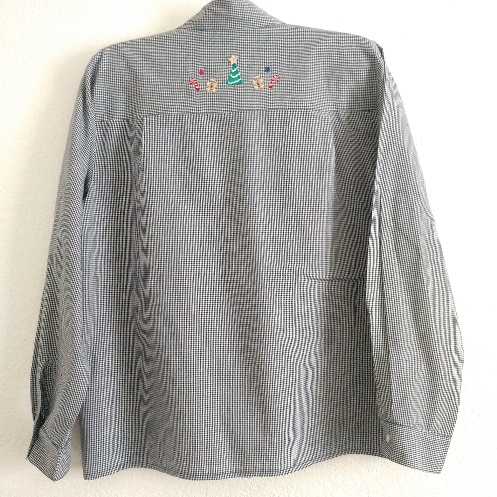 Karen Scott Embroidered Christmas Shirt Black White Gingham Check Snowman Large - Picture 8 of 8